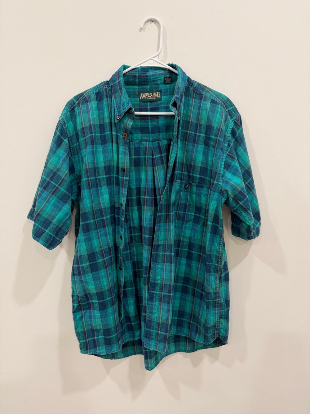 Vintage 80s American Eagle Outfitters Green Plaid Short-Sleeve Button-Up Shirt